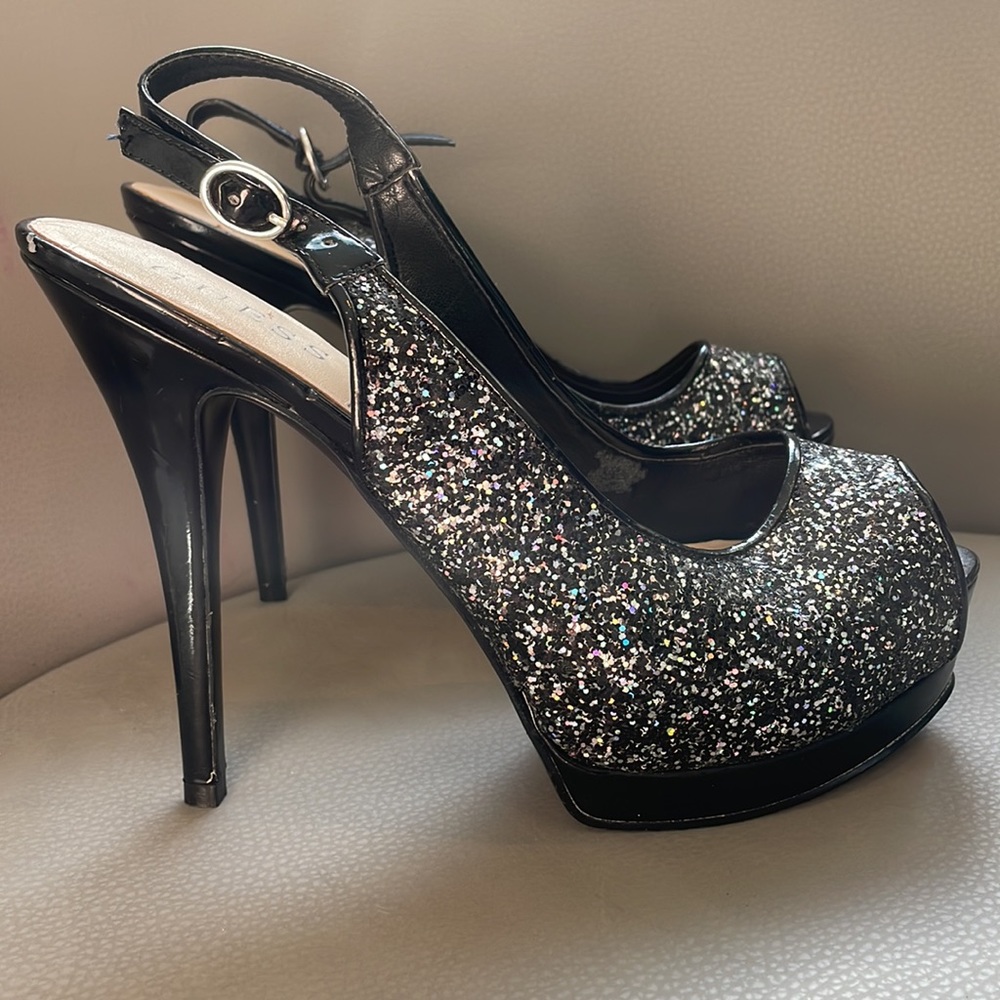 Guess Black Sparkle Sling Back Open Toe Heels